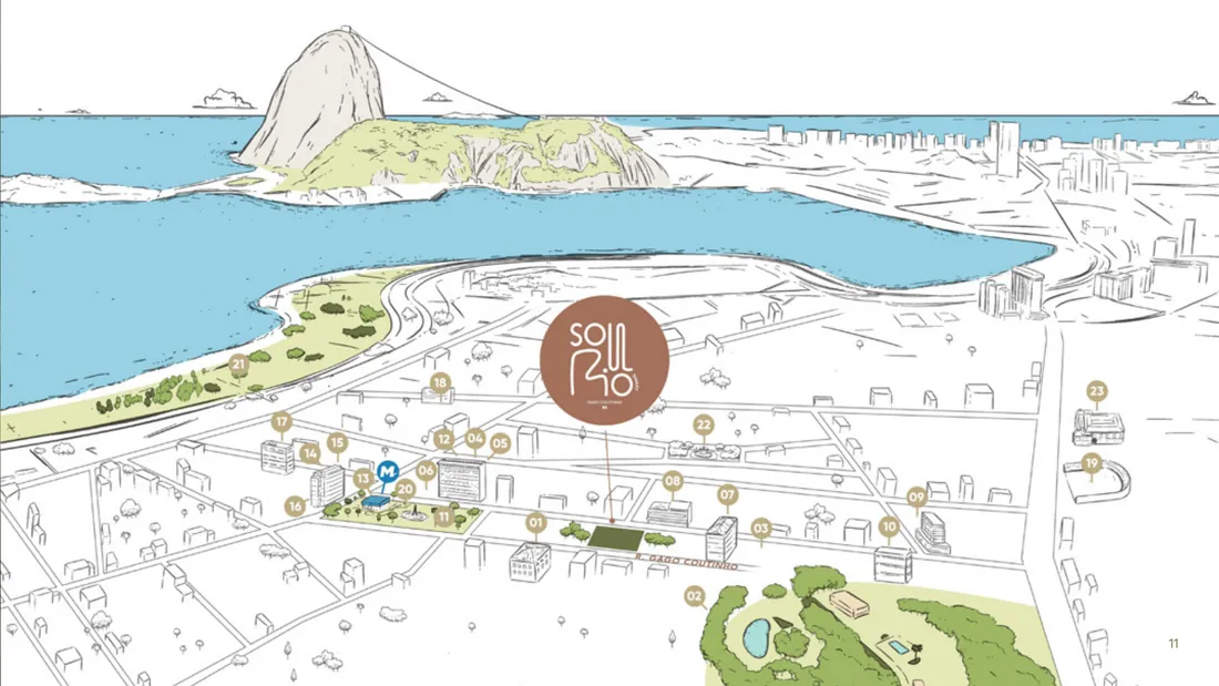 Mapa ilustrado da região do Soul Rio Gago Coutinho, entre o Largo do Machado, o Parque Guinle e o Aterro do Flamengo