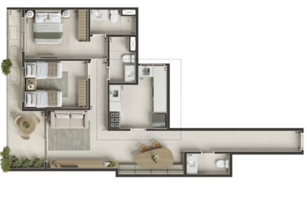 Planta do apartamento de 2 quartos de 82,65 m² do Soul Rio Gago Coutinho, finais 08 do 2º ao 5º pavimento