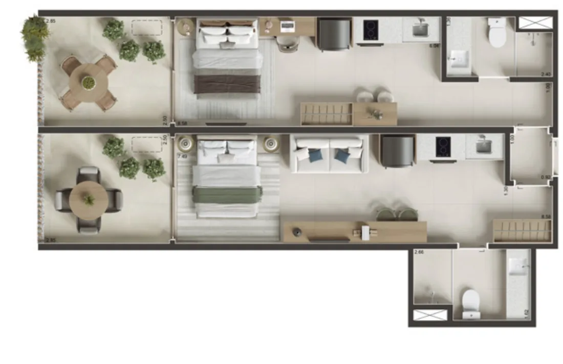 Planta do double studio de cobertura 1204 do Soul Rio Gago Coutinho, com 69,02 m², lados A e B