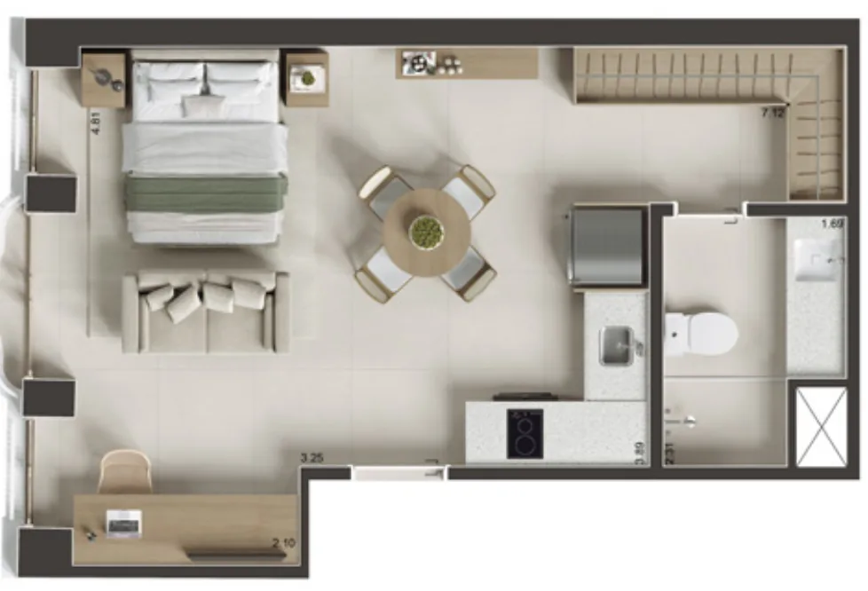 Planta do studio casa 213 do Soul Rio Gago Coutinho, com 37,80 m², no casarão preservado
