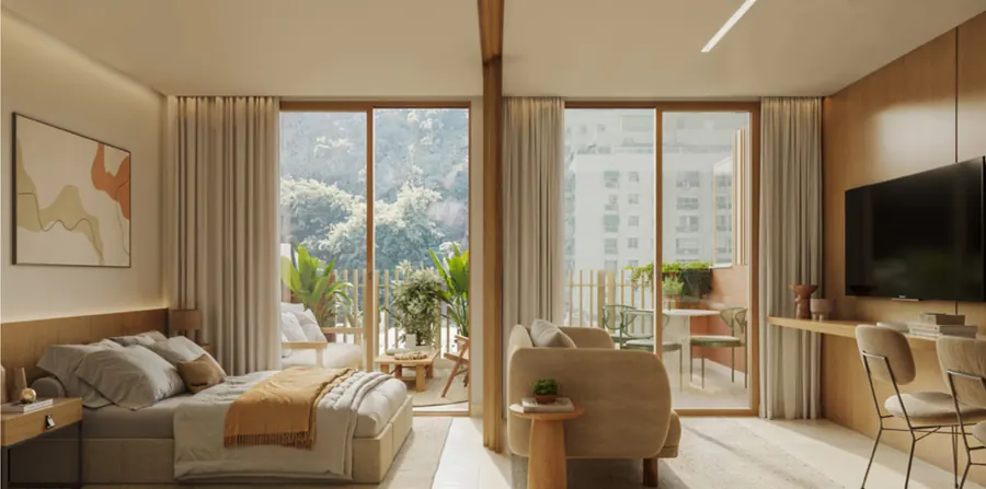 Cobertura de 1 quarto do Soul Rio Gago Coutinho com terraço e vista para o verde de Laranjeiras